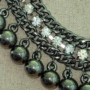 Vintage Gunmetal Rhinestone Ball Fringe Bib Statement Necklace 77g